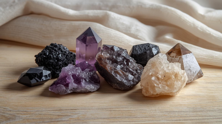 Colorful arrangement of various crystals for protection and grounding, including Black Tourmaline, Amethyst, Obsidian, and Selenite, showcasing their beauty and energy
