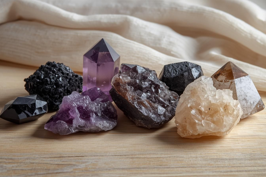Colorful arrangement of various crystals for protection and grounding, including Black Tourmaline, Amethyst, Obsidian, and Selenite, showcasing their beauty and energy