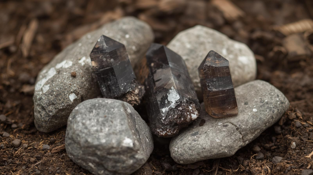 Grounding crystals for energy stability, including Hematite and Smoky Quartz, placed on natural earth for enhanced energy connection.