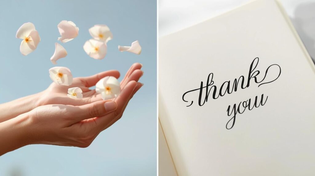 Hands releasing petals into the wind—or a journal with "thank you" written on the page.