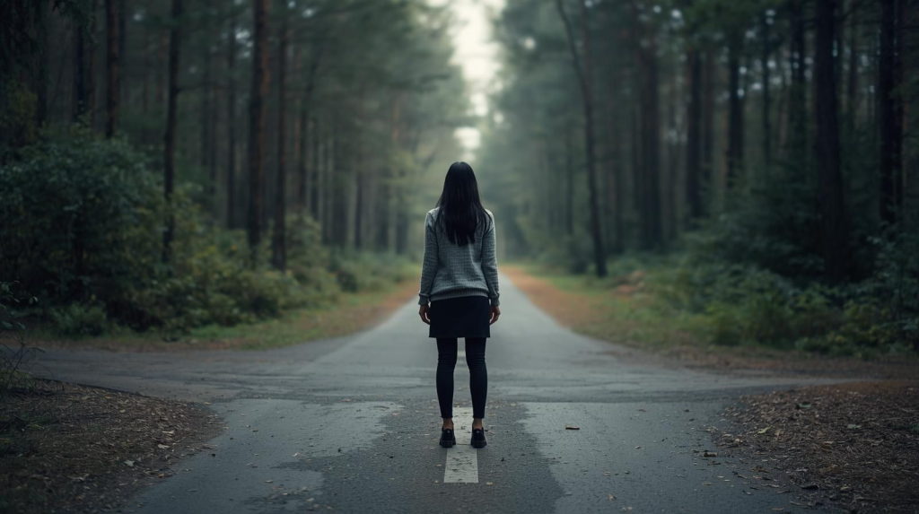 Person standing at a forest path split two ways, paused and unsure, symbolizing intuitive decision-making and inner guidance.