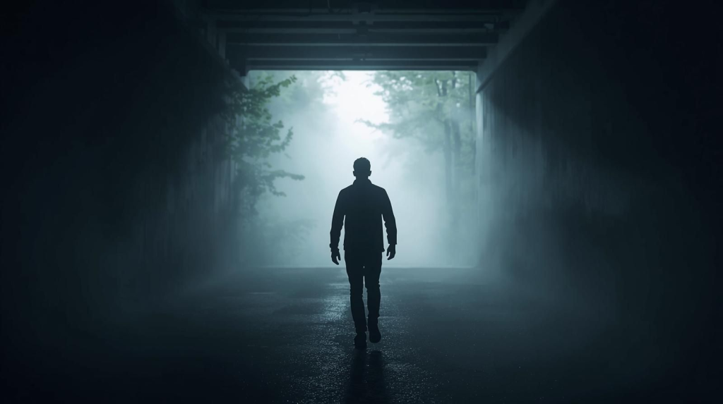Person walking through darkness representing the dark night of the soul