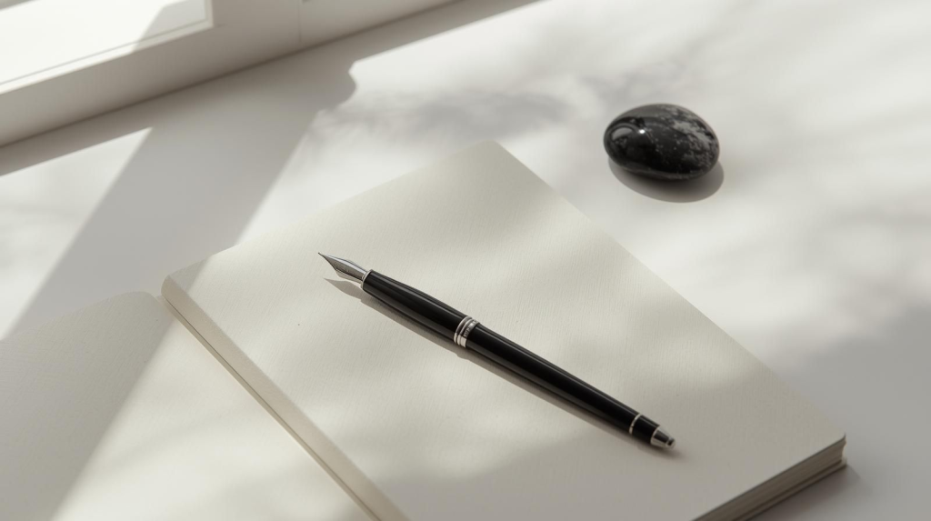 Shadow work journal with a pen and crystal on a quiet desk