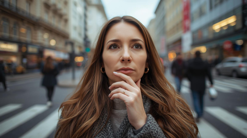 a woman Overthinking while in a busy street