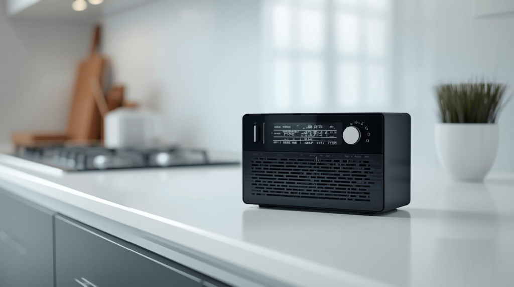 newer style radio on a kitchen bench