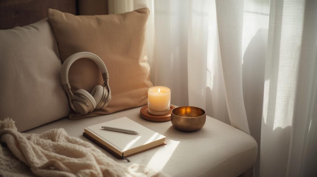 Cozy home ritual space with bowl, candle, and headphones—everyday Sound Healing Techniques to Raise Your Vibe with ease.
