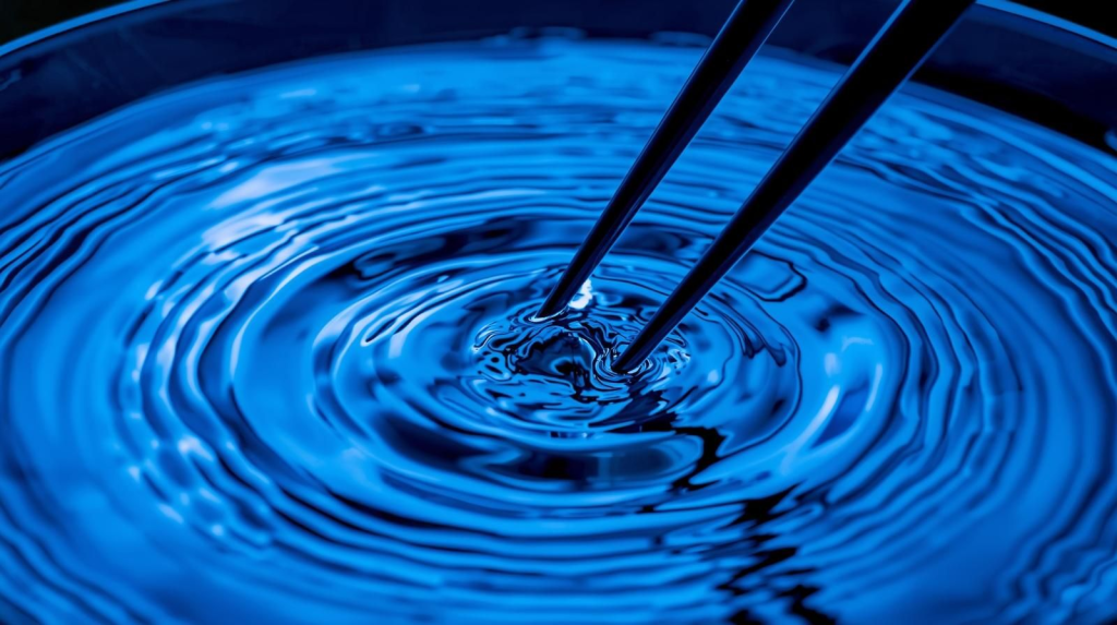 Cymatic water ripples from a tuning fork demonstrate how Sound Healing Techniques work to Raise Your Vibe and calm the mind.