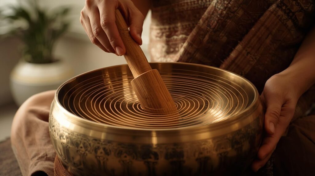 Hands playing a Tibetan singing bowl showing soothing vibrations—Sound Healing Techniques that help you Raise Your Vibe naturally.
