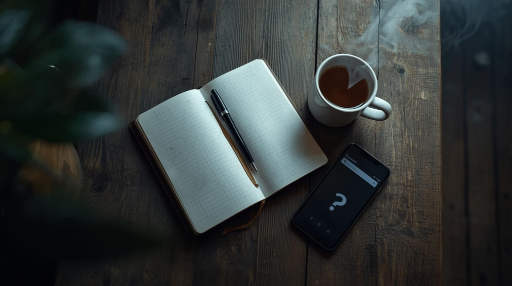 Notebook and phone with breathwork questions about healing through breath