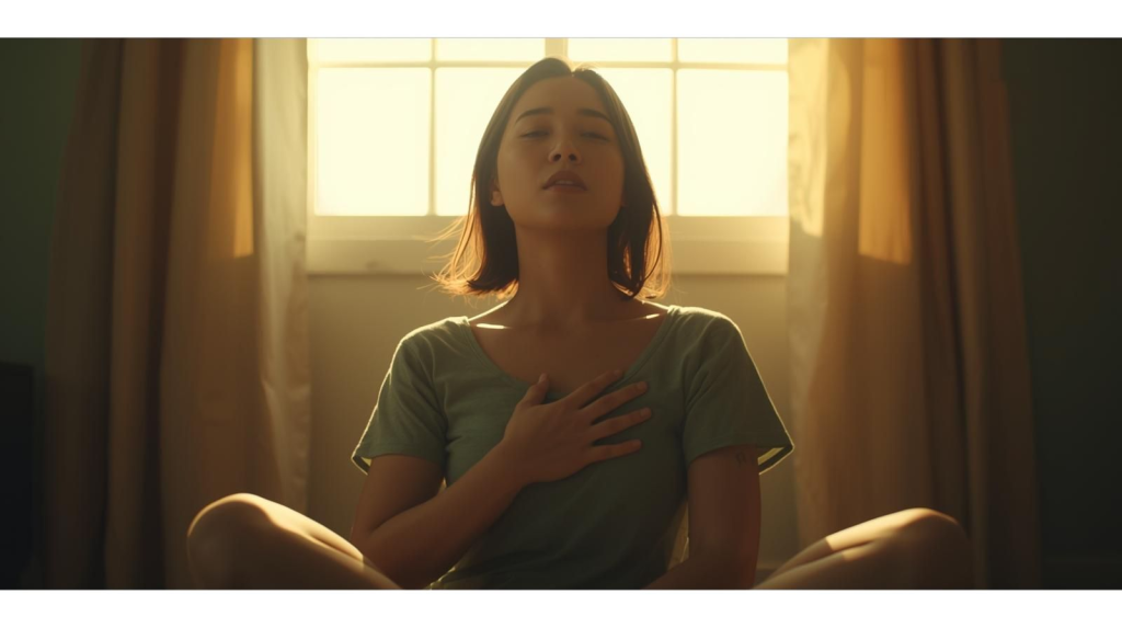 Person sitting with hand on belly practicing healing through breath.