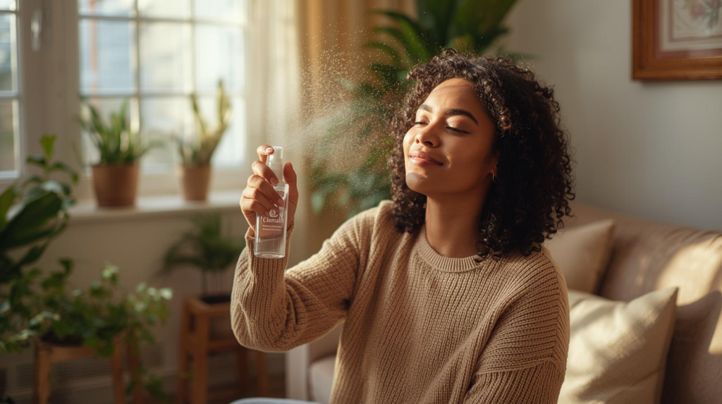 Person using a smokeless energy-clearing spray to refresh and cleanse their living room.