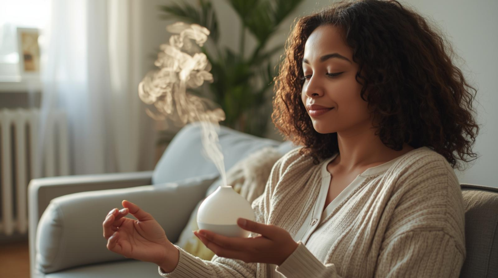 Person using an essential oil diffuser to create a calming atmosphere in their living room.