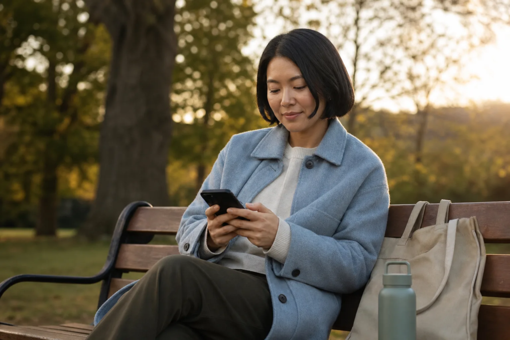 Why Do I Feel Overwhelmed By Small Things, And How Can I Reset Without Blaming Myself? Adult sitting on a park bench and calmly sending a message on their phone.