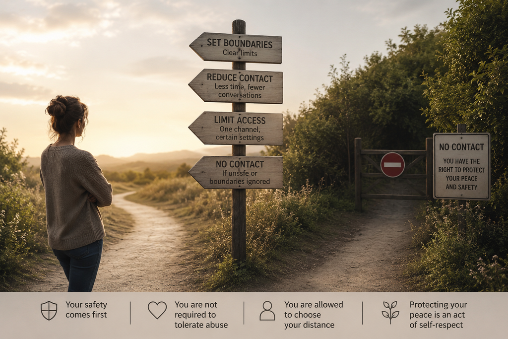 How Do I Protect My Peace Without Cutting Everyone Off? Person standing at a fork in a dirt path looking at signs about setting boundaries and reducing contact for personal safety.