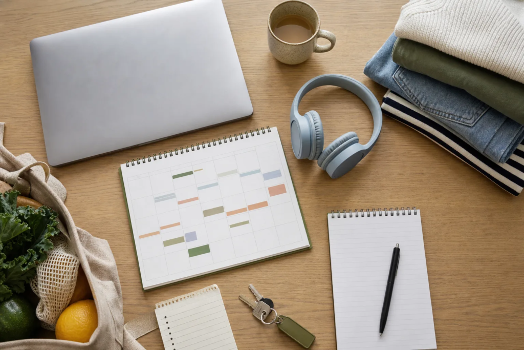Why Do I Feel Overwhelmed By Small Things, And How Can I Reset Without Blaming Myself? Everyday items including a laptop, headphones, calendar, keys and notes gathered on a busy desk.