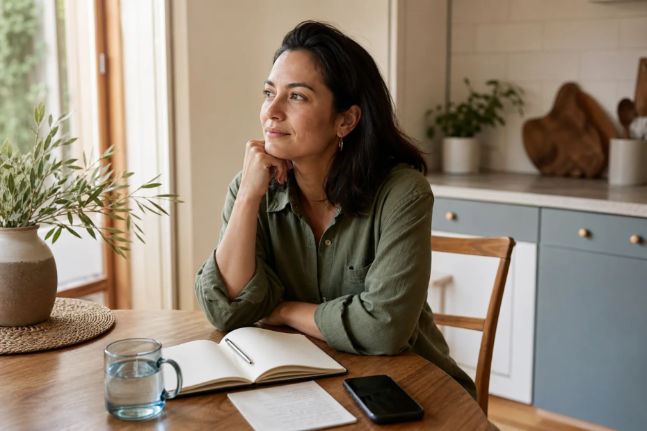 Adult pausing at a kitchen table with a notebook, water and a phone turned face down.