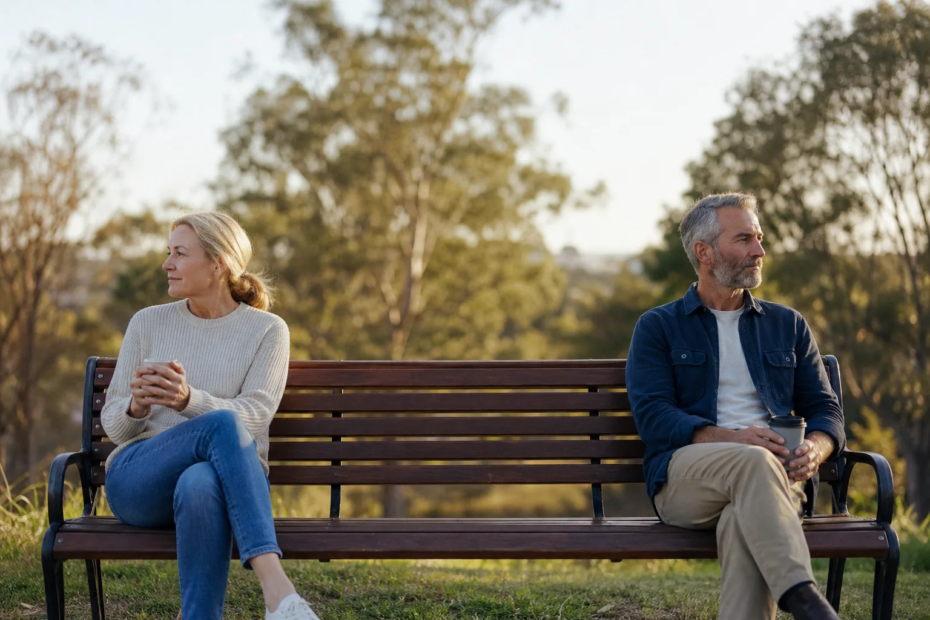 Two adults sitting calmly apart on a park bench, leaving space for a respectful conversation.