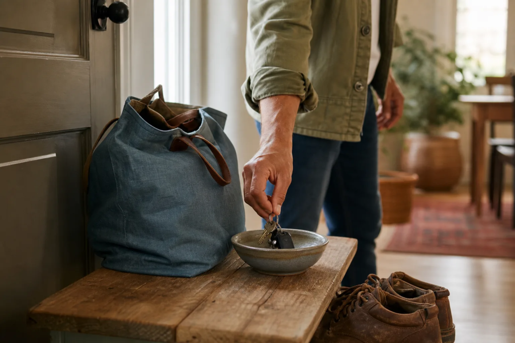How to Recover After an Emotionally Draining Day Person placing their keys in a bowl near the front door after work.