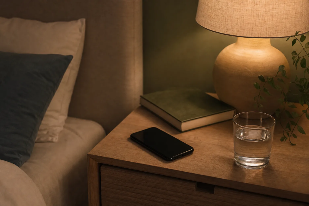 Is Setting a Boundary the Same as Pushing Someone Away? A phone on silent mode beside a lamp and book on a bedside table at night.