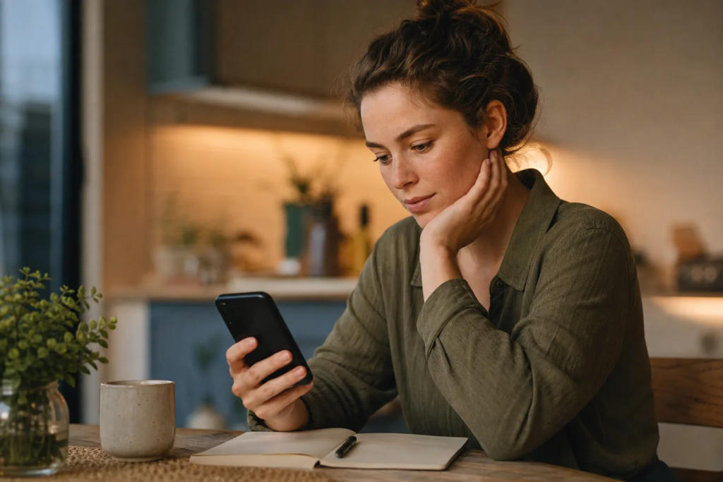 How to Recover After an Emotionally Draining Day Person pausing with their phone beside a notebook before replying to a message.