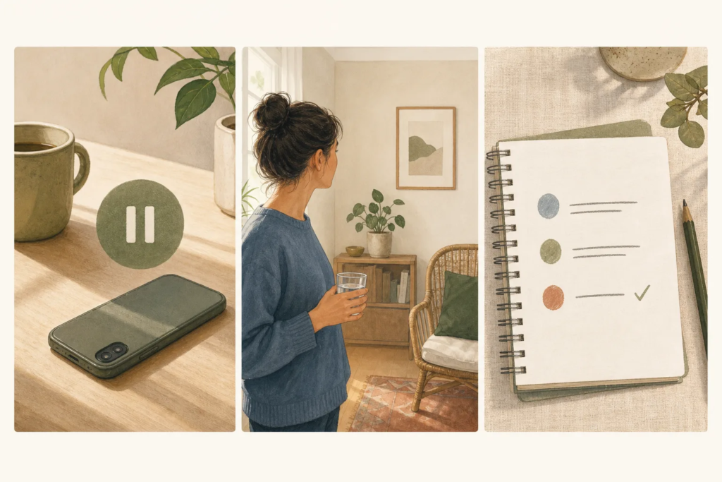 Why Do I Feel Overwhelmed By Small Things, And How Can I Reset Without Blaming Myself? Illustration showing a phone set aside, a grounding pause with water, and a notebook for one next action.