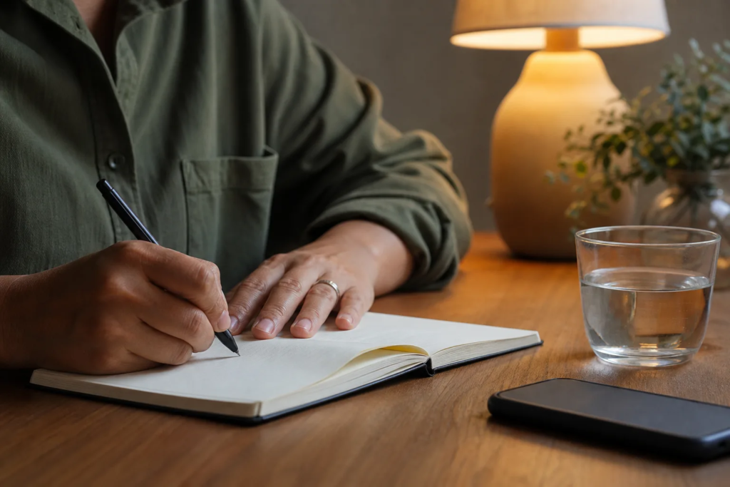 Why Do I Feel Sad After Socializing Even When I Had Fun? Hands writing in a journal beside a glass of water during a quiet evening at home.