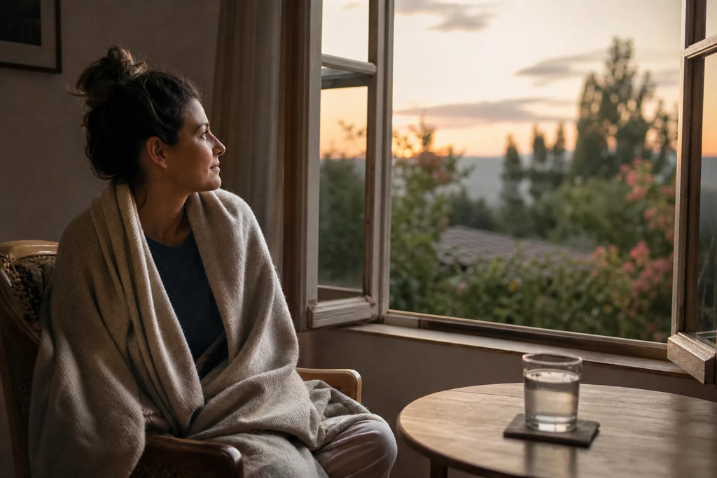 How to Recover After an Emotionally Draining Day Adult sitting quietly by an open window with a blanket and a glass of water.