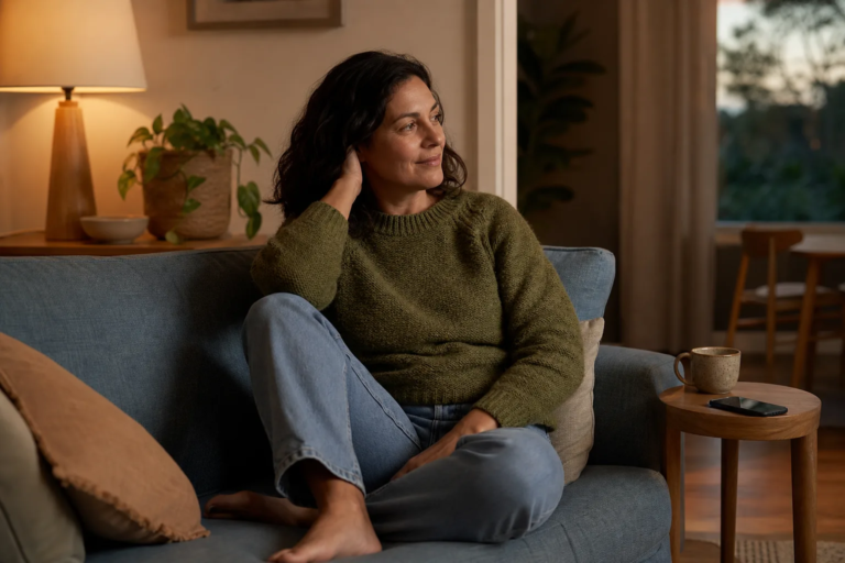 Protect Your Energy & Heal Spiritually Adult resting on a sofa beside a mug and a phone placed face-down after arriving home.