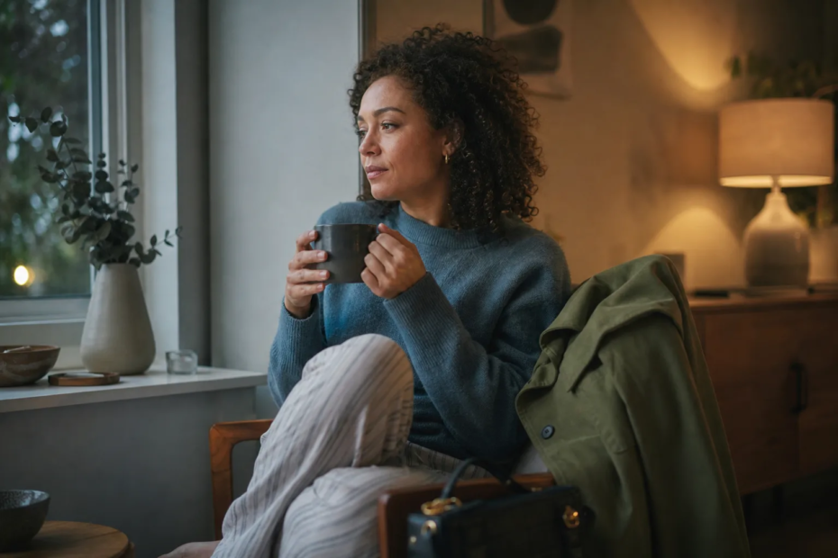 A person sitting quietly by a window with a mug after returning home from a social outing.