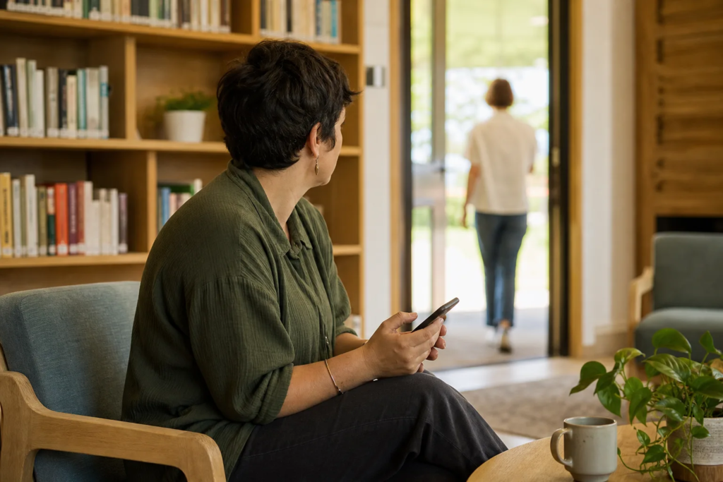 Is Setting a Boundary the Same as Pushing Someone Away? A person holding a phone in a quiet, well-lit community space near an open doorway.