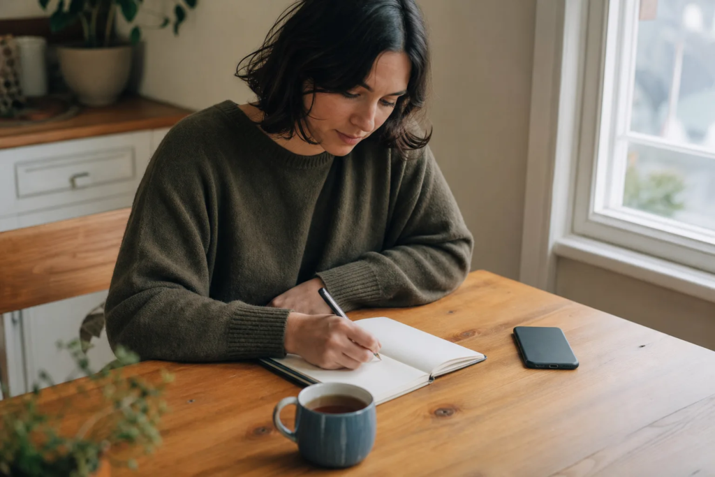 Is Setting a Boundary the Same as Pushing Someone Away? A person writing in a notebook beside a face-down phone and a cup of tea.