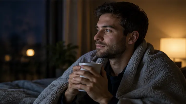 Why Do I Feel Emotionally Overwhelmed at Night? Man relaxing with a warm drink in the evening as he creates a quiet transition between the day and bedtime.