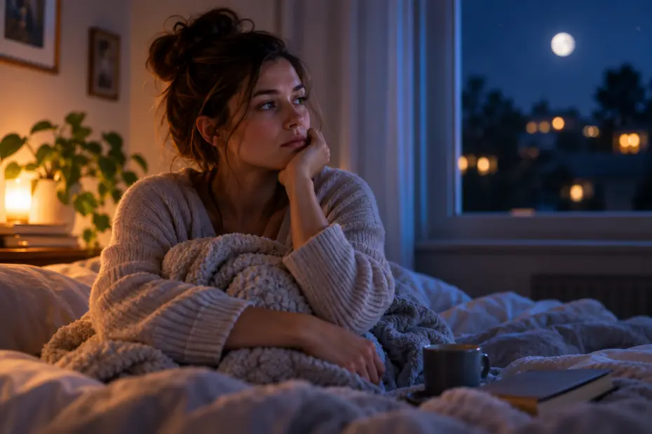 Why Do I Feel Emotionally Overwhelmed at Night? Woman sitting quietly in a dim living room at night after a demanding day, looking mentally overwhelmed and tired.