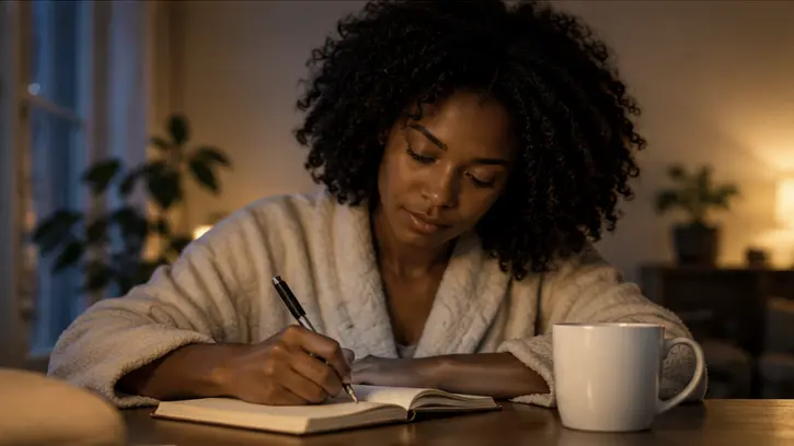 Why Do I Feel Emotionally Overwhelmed at Night? Woman writing in a notebook at night while pausing to reflect on what may be contributing to emotional overwhelm.