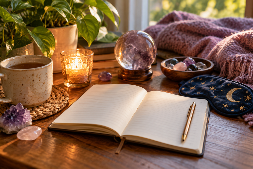 Why Some Dreams Feel Different | How Spiritual Dream Meaning of Being Pregnant Fits In Open lined journal with pen on wooden table surrounded by crystals, lit candle, cup of tea, potted plant, eye mask, and pink knitted blanket.