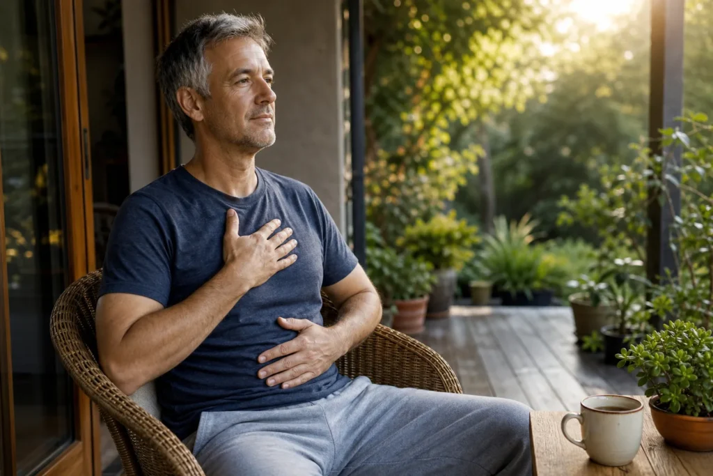 Chakra Healing for Insomnia: A Practical Guide to the Symbolism Behind It Man sitting on a wicker chair on a patio with one hand on his chest and the other on his stomach, surrounded by plants and a coffee cup on the table.