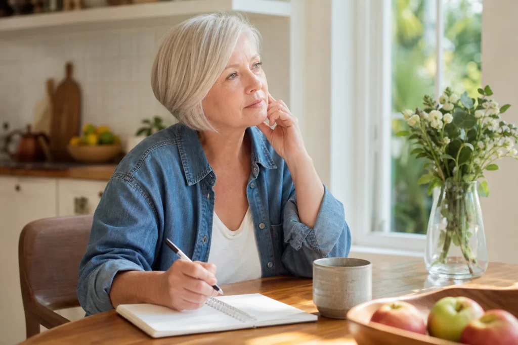 Chakra Healing for Insomnia: A Practical Guide to the Symbolism Behind It Older woman with short grey hair writing in a notebook at a wooden kitchen table near a window.