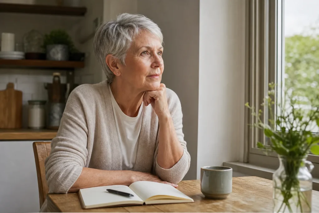 Why This Can Feel Spiritually Significant: Understanding Higher Self Connection Signs Elderly woman sitting at a wooden table with a notebook and pen, looking thoughtfully out a window.