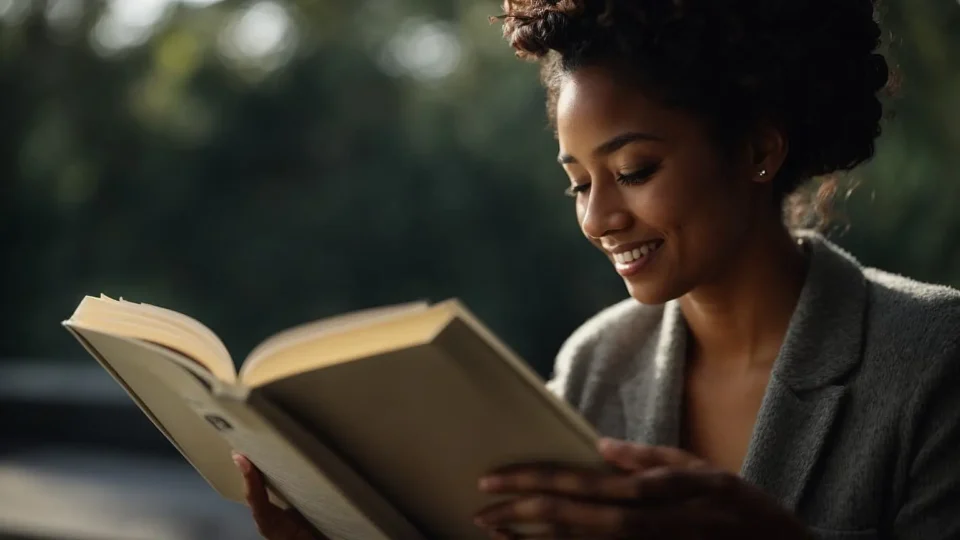 Why The Power of Now by Eckhart Tolle Will Change Your Life A woman with curly hair is reading a book outdoors, smiling softly as she holds it open with both hands.