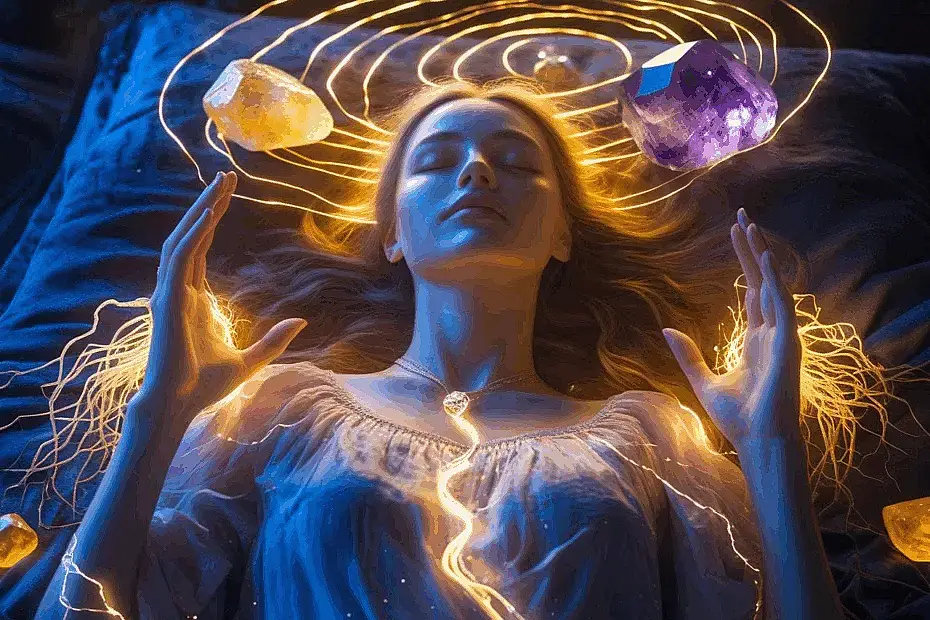 Empath Sleep Problems | How Sensitive People Can Sleep More Peacefully A peaceful empath woman glowing softly under moonlight, lying in a bed surrounded by glowing protective crystals, golden light swirling around her body like a shield, with roots extending from her hands into the earth below.